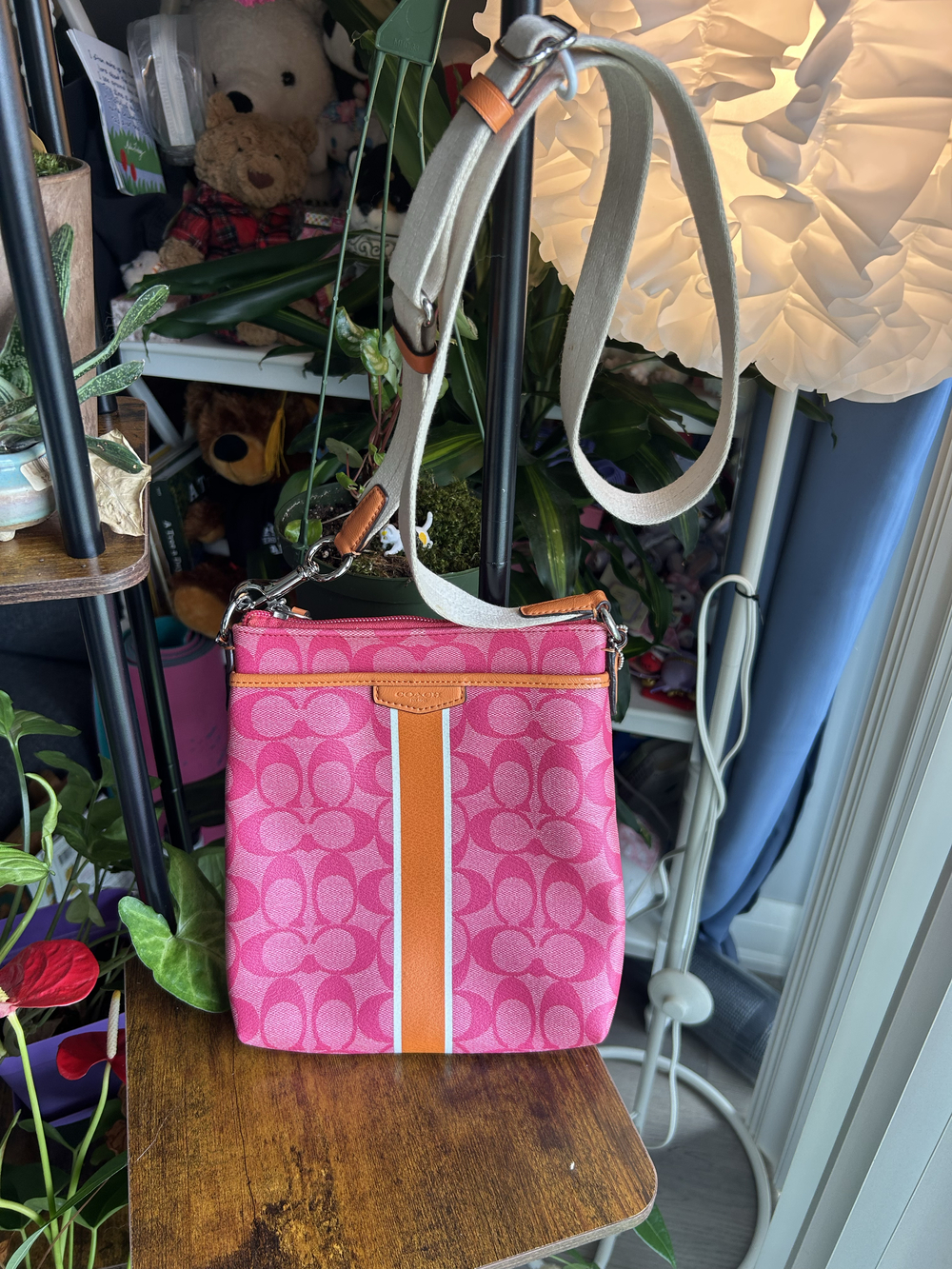 Vintage Coach signature jacquard stripe crossbody bag pink canvas & leather trim